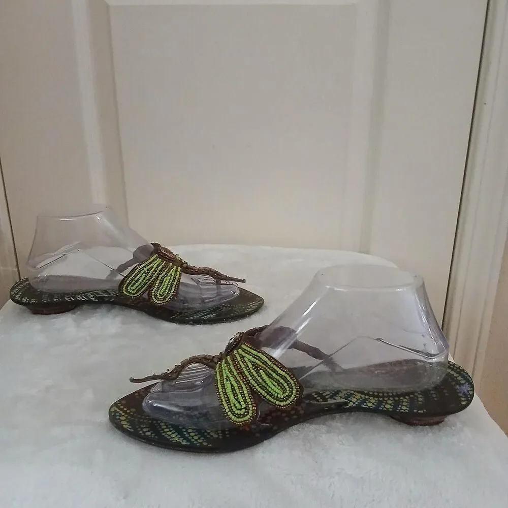Y2K Vintage Beaded Dragonfly Flip Flop Thong Sandals 9 Boho Fairy Granola Earthy